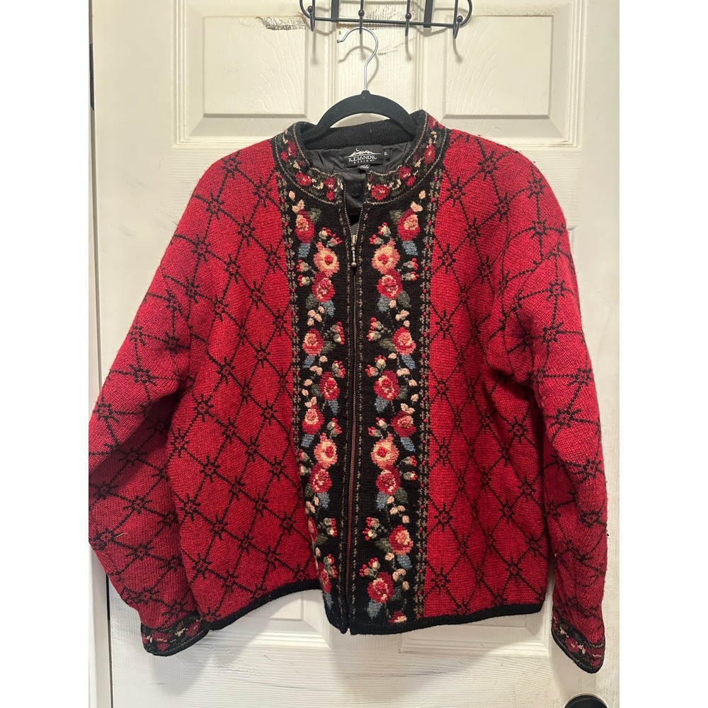 Icelandic Design Red Wool Floral Embroidered Zip Cardigan Jacket XL Folk Art
